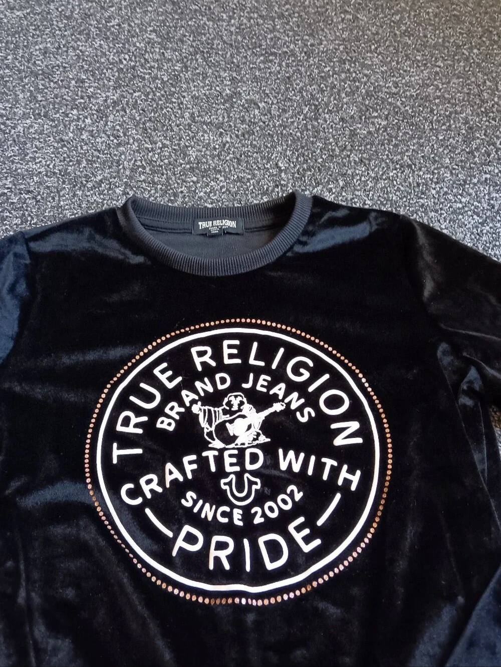 True Religion Black Velvet Logo Crewneck Sweater Womens Size Small